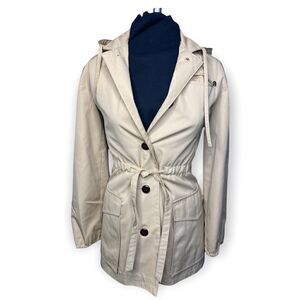 Vintage Etienne Aigner khaki trench coat with cinched waist hoodie and emblem